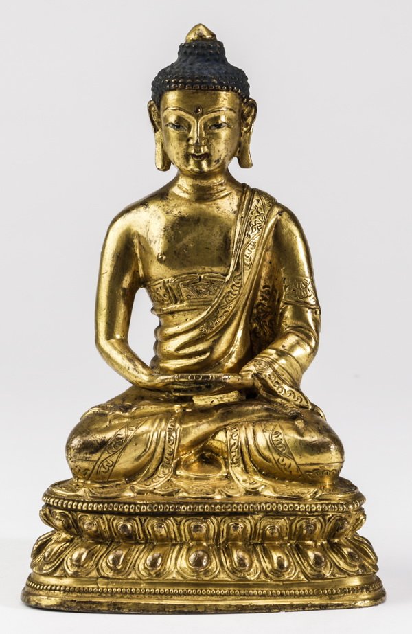 Chinese gilt bronze Buddha in dhyanasana pose, 6"h: Chinese gilt bronze Buddha, seated in the dhyanasana pose on a double lotus throne, 6.25"h x 4"w x 3"d.