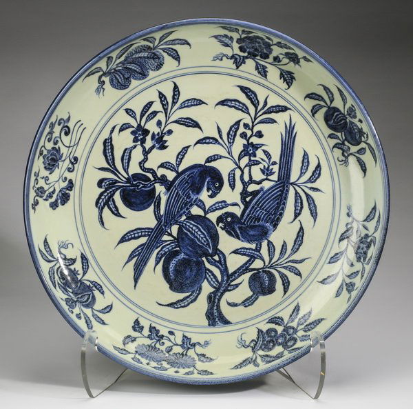 Large Chinese charger with parrots and flowers, 23"w (1 of 4)