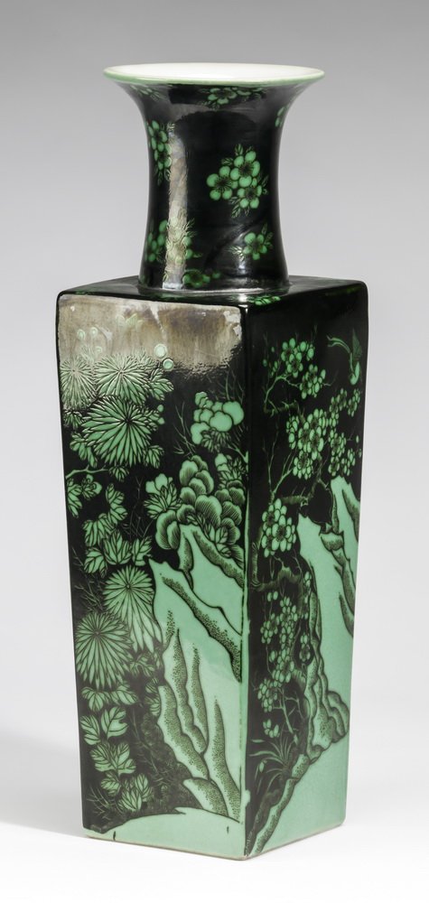Chinese 'four seasons' floral vase, Kangxi mark, 11"h: Chinese famille noire vase, having a trumpet neck above a tapering square body, decorated with peony, prunus, lotus, and chrysanthemum, representing the four seasons, in green on a black ground, the u