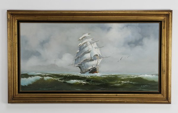 C. Million signed O/c of schooner at sea, 56"w (1 of 4)