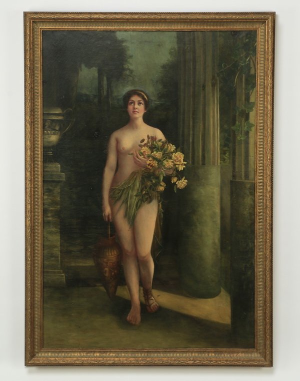 Continental O/c of springtime maiden, early 20th c.: Early 20th century Continental School oil on canvas, depicting a nude maiden holding a bouquet of flowers within a classical tableaux of a reeded column and urn with a landscape beyond, possibly an al