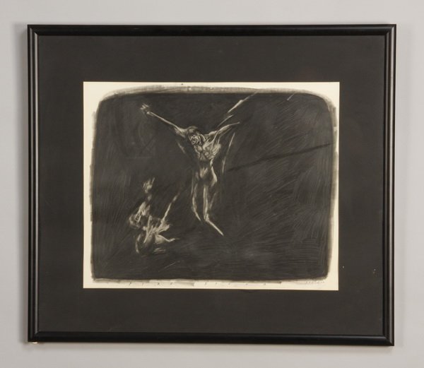 Sue Coe signed graphite on paper, "Fire Storm": 20th century graphite on paper titled on label en verso, "Fire Storm by Sue Coe", (American-New York b. 1952), 20"h x 22"w, overall size including frame 30"h x 34.5"w x 1.5"d