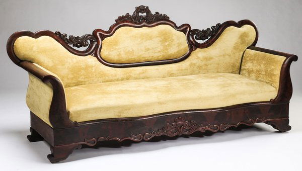 19th c. Empire mahogany settee in vlevet, 89"l (1 of 3)