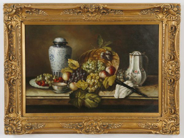 Still life with fruit, O/c, illegibly signed, 48"w (1 of 3)
