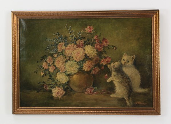American O/c of kittens and flowers, signed, 40"w (1 of 4)