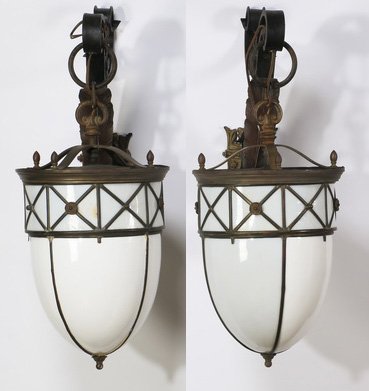 (2) Edwardian wrought iron & milk glass sconces, 39"h (1 of 3)