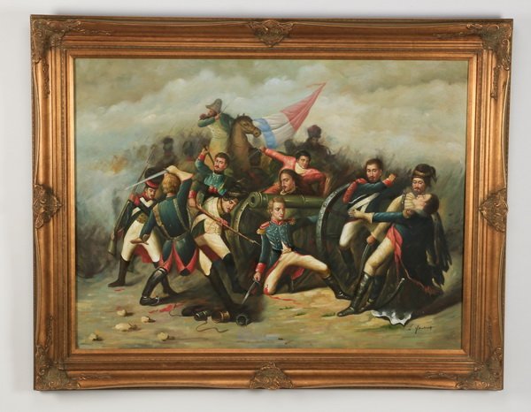 20th c. O/c of Napoleonic battle scene, 58"w (1 of 5)