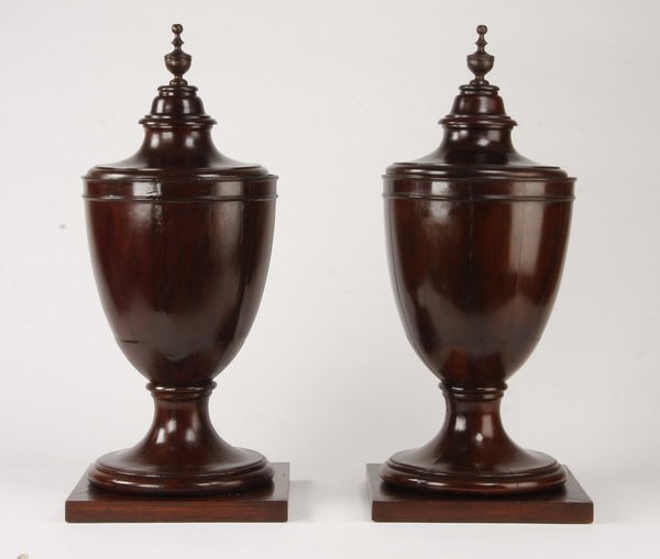 (2) 18th c. English mahogany wine coolers, 36"h: Pair of large and impressive 18th century English George III mahogany lidded wine coolers, one lined with lead, 35.5"h x 12.5" diameter.