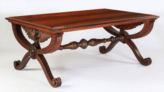 Luigi Frullini attr. library table, 19th c.: Renaissance Revival style carved walnut library table, late 19th century, attributed to master carver Luigi Frullini (Italian, 1839-1897), having a rectangular top with a gadrooned edge surmounting hi