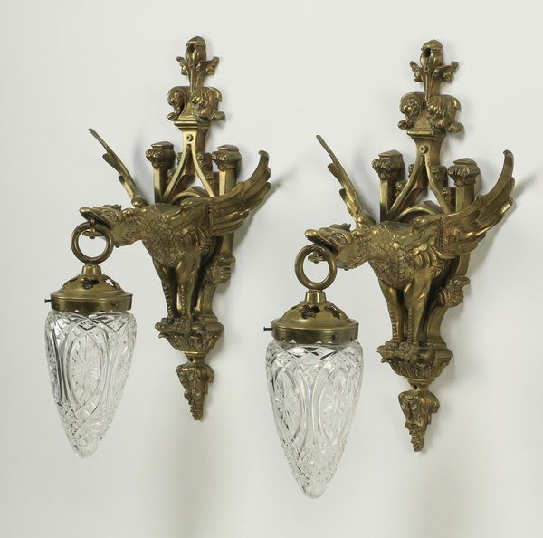 (2) Bronze griffin sconces w/ crystal shades, 19"h (1 of 2)