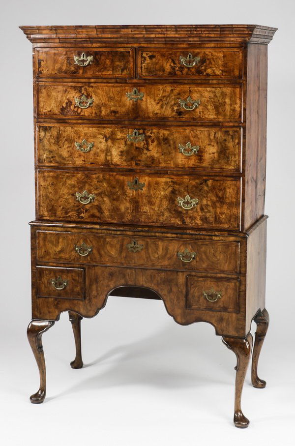 Queen Anne burl highboy, c. 1740, 88"h (1 of 3)