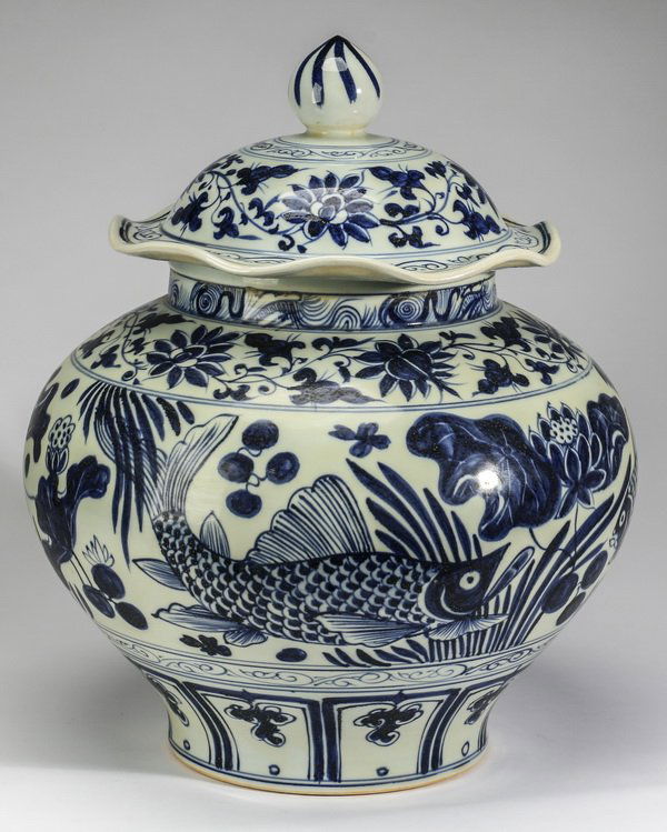 Chinese blue & white covered jar, 16"h (1 of 7)