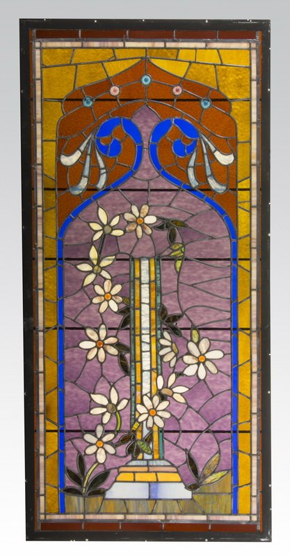 Leaded stained glass panel with flowers, 77"h (1 of 1)
