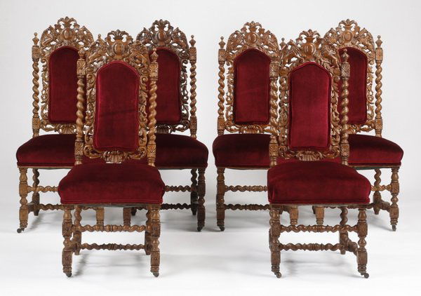 (6) 19th c. Continental carved oak chairs (1 of 5)