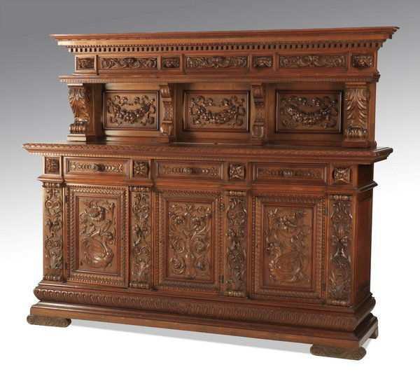 19th c. carved Italian walnut buffet, 88"w (1 of 4)
