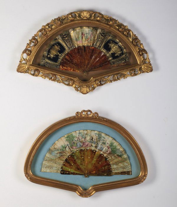 (2) 19th c. hand painted fans in shadowboxes (1 of 3)