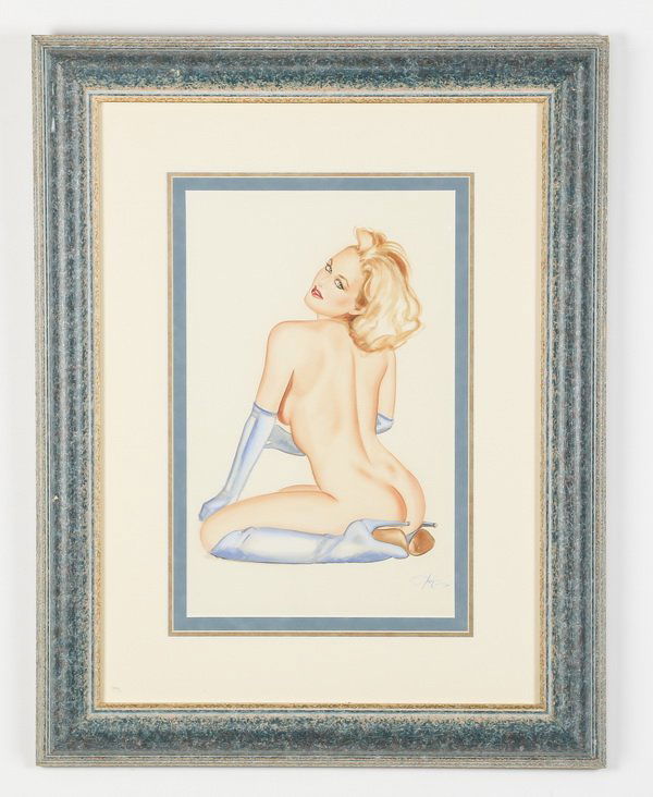 Olivia De Berardinis signed W/c on paper, 32"h: Olivia De Berardinis (American, born 1948), watercolor on paper depicting a nude blonde wearing blue knee-high boots and gloves looking over her shoulder, signed and dated 'Olivia '90' at lower right,