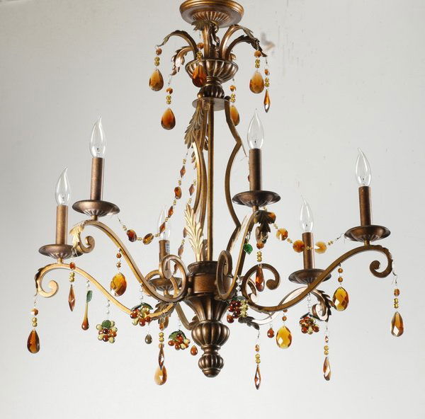 Patinated chandelier with amber glass prisms, 30"h (1 of 5)