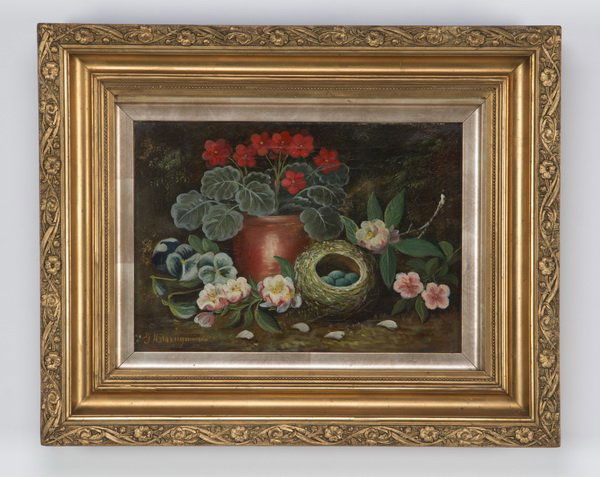 Early 20th c. O/c still life with bird's nest, signed (1 of 4)