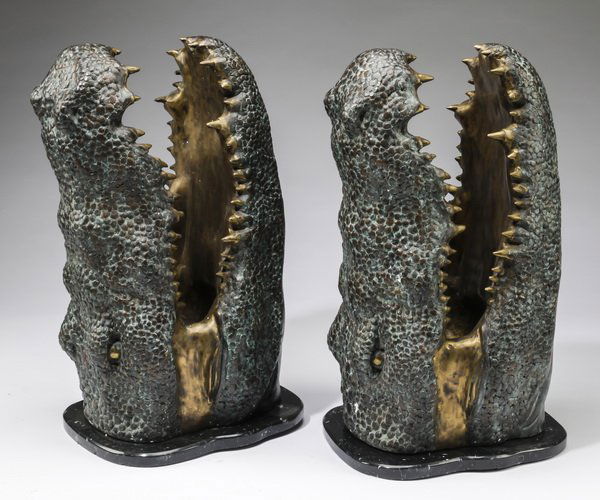 (2) Patinated bronze alligator heads on bases, 23"h (1 of 1)