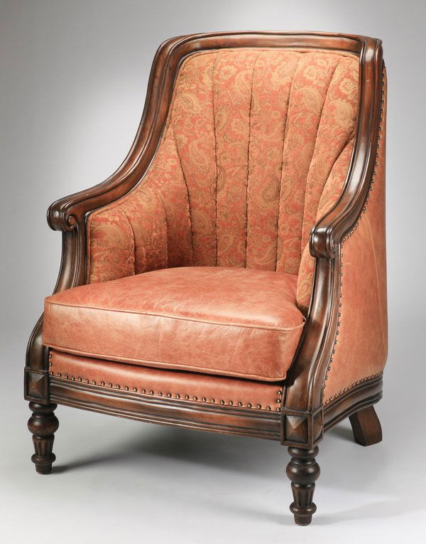 English style tub chair in paisley fabric and leather (1 of 2)