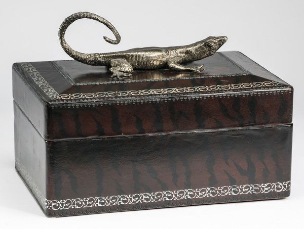 Leather covered wood box with silvered lizard, 14"w (1 of 3)