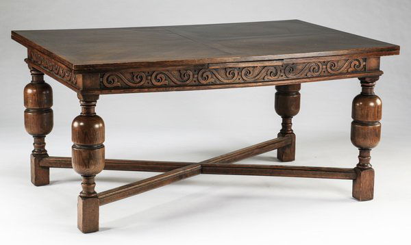Jacobean style carved oak table, w/ leaves, 19th c. (1 of 3)