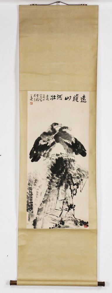 Chinese ink, watercolor scroll painting, two eagles (1 of 4)