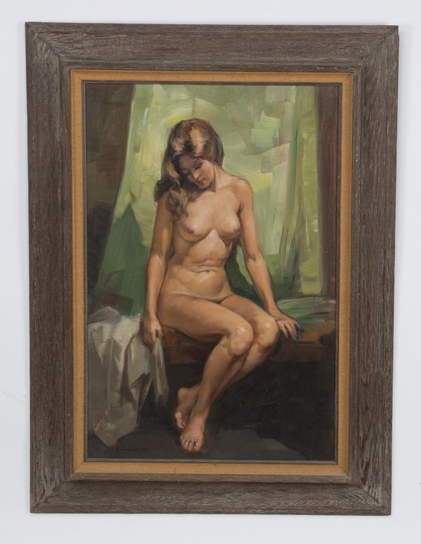 A. L. Karafyllakis O/c of seated nude beauty, signed: Antonis L. Karafyllakis (Greek, 1903-1983), oil on canvas depicting a seated nude in a studio interior, artist signed 'A. Karafyllakis 1975' at lower left, 38.25"h x 24.5"w, overall dimensions includi
