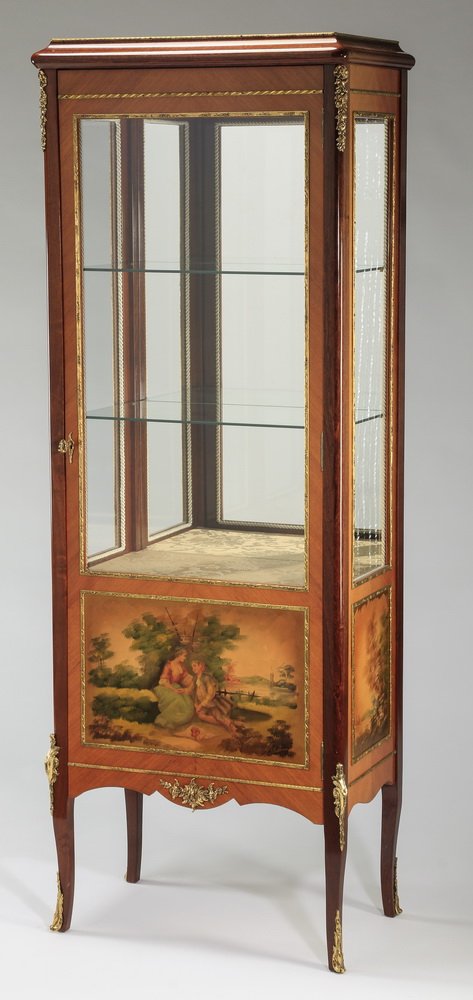 Early 20th c. Vernis Martin style vitrine, 64"h: Early 20th century Vernis Martin style vitrine, the rectangular top above a conforming case with a single glass door opening to interior glass shelves and a mirrored back, above a hand painted panel d