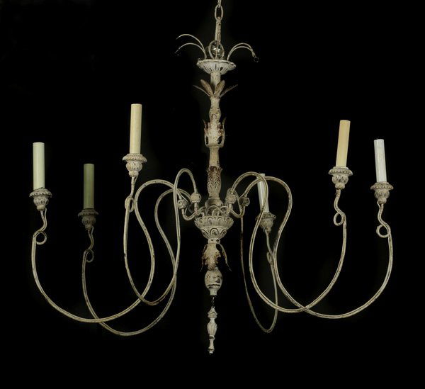 Rustic French paint decorated chandelier, 32"h: Rustic French paint decorated chandelier, having an acanthus and flower twined standard with six deeply curved arms, 32"h x 31" dia.