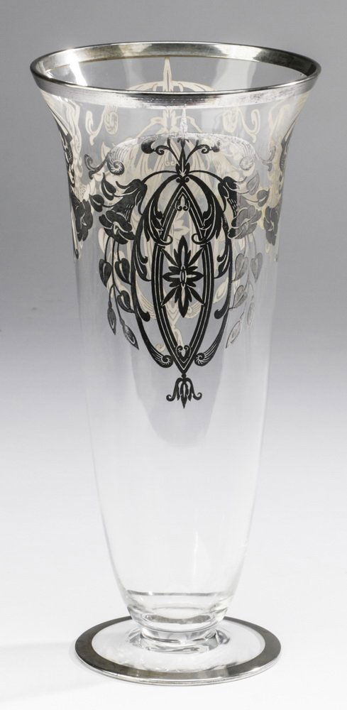 Art Nouveau glass vase with silver overlay, 11"h (1 of 1)