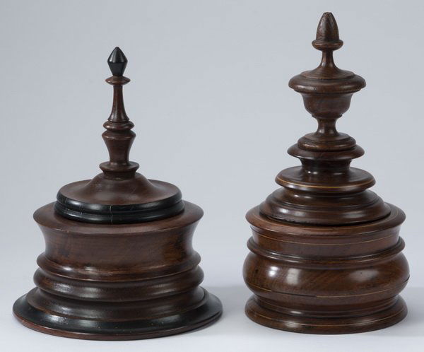 (2) Carved wood tea caddies with turned finial lids (1 of 2)