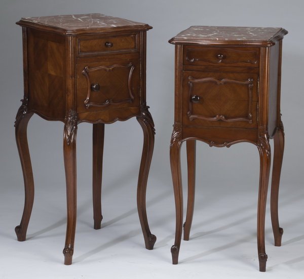 (2) 19th c. French marble top walnut side tables (1 of 3)