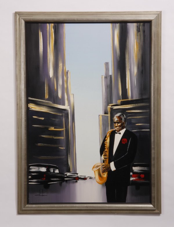 Oil on canvas of a jazz musician, signed, 58"h: Oversized contemporary oil on canvas of a jazz musician with his saxophone, a cityscape in the background, signed illegibly lower left, 51"h x 34.5"w, overall size including frame 57.5"h x 41.5"w x 2"