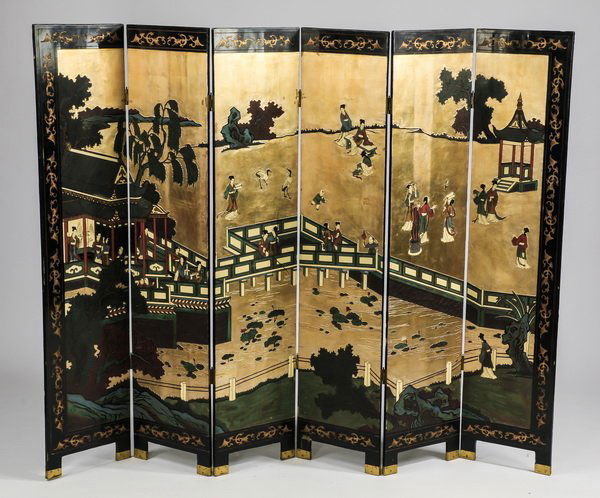 Chinoiserie style six panel double sided screen, 97"l (1 of 8)