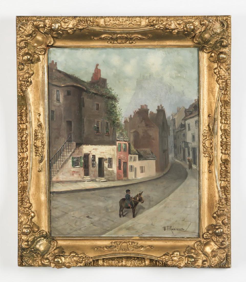 William Robinson signed, O/p village scene, 19th c.: William T. Robinson (American, 1852-1934), oil on panel depicting a figure on horseback on a cobblestone street with shops beyond, artist signed 'W.T. Robinson' at lower right, 14.75"h x 11.5"w sight,