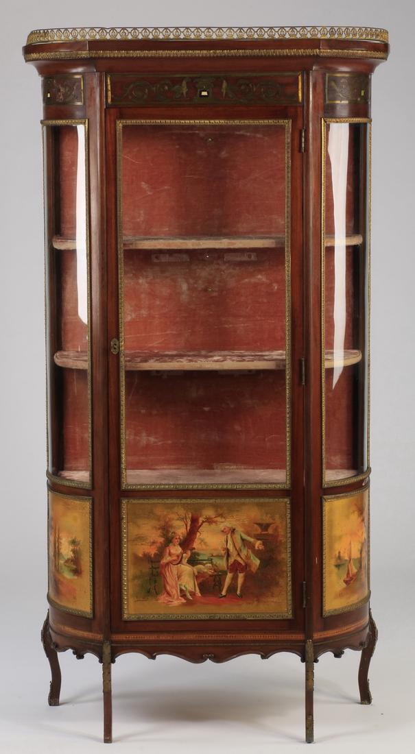 Early 20th c. Vernis Martin style vitrine: Early to mid 20th century Vernis Martin style demilune vitrine, with bowed glass front and sides, the central door opening to a velvet lined interior and shelves, the lower panels with hand painted ro