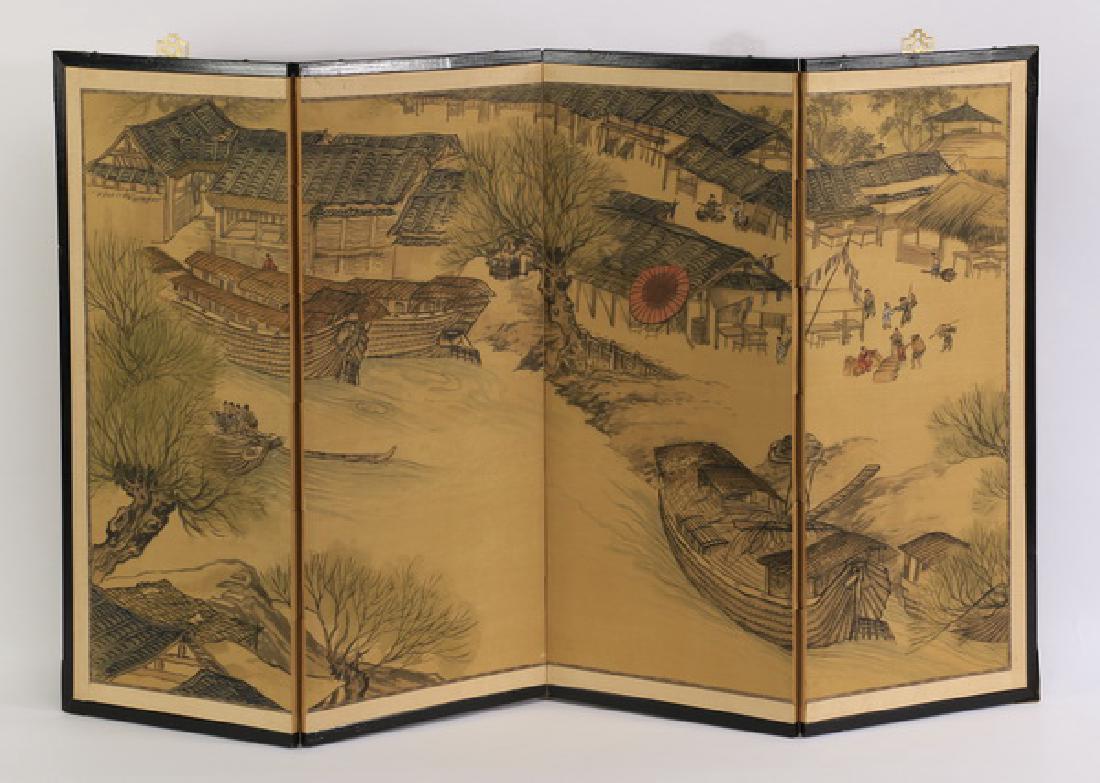 Four panel Chinese painted tabletop or hanging screen: Four panel painted Chinese tabletop or hanging screen, depicting fishing boats near a village with figures coming ashore, 35.5"h x 14.5"w each panel, 35.5"h x 58"w overall when extended.