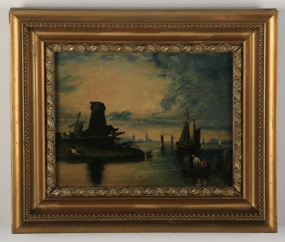 19th c. Dutch O/b coastal scene w/ gallery label: Mid to late 19th century, possibly Dutch, oil on board depicting a coastal scene with windmills among sailboats, unsigned, with gallery label en verso, W.H. Smith & Sons, Cirencester, 5.25"h x 7.5"w, 