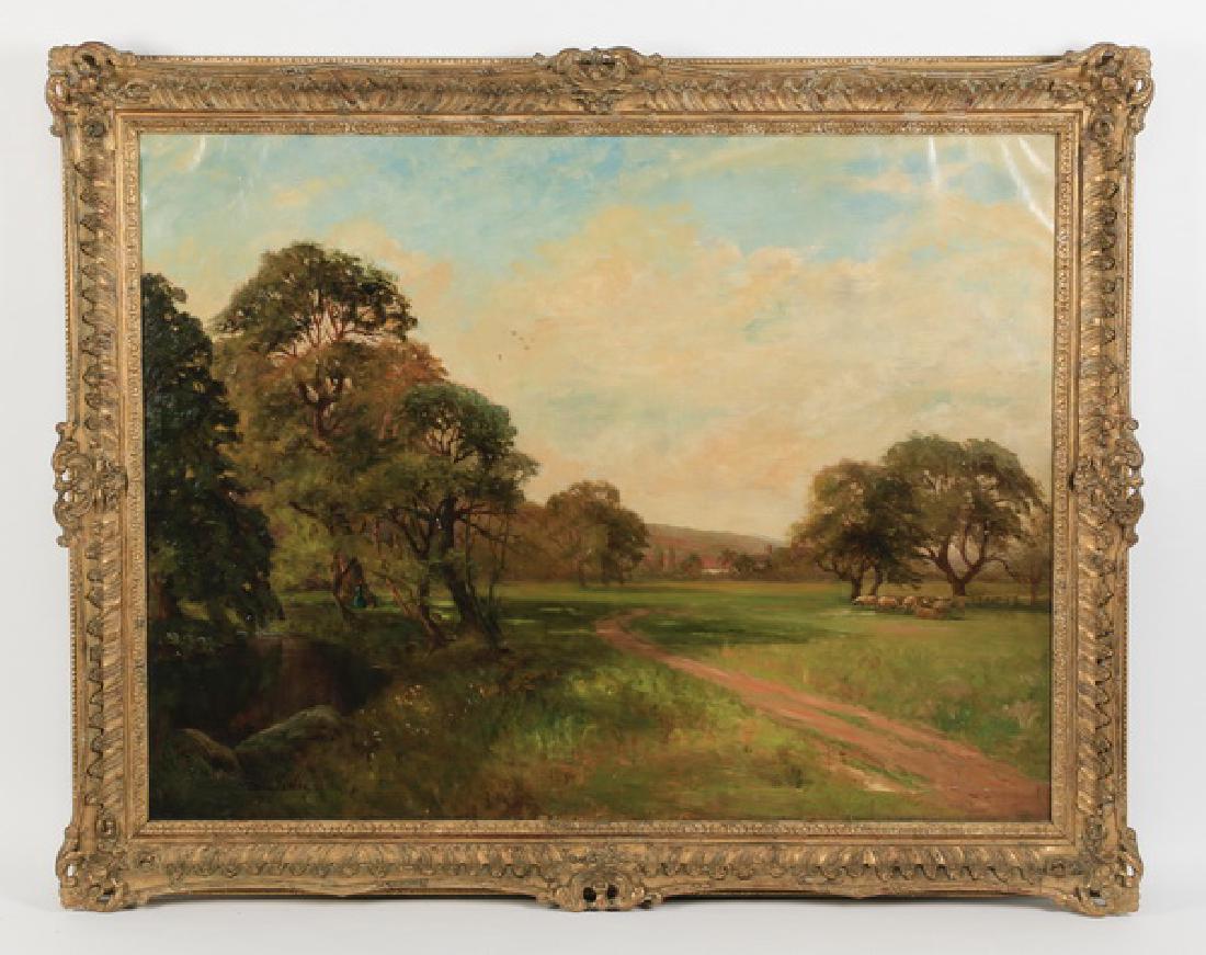 Willy Fenton (British) signed O/c, 19th c., 53"w: British School, late 19th century oil on canvas depicting a pastoral landscape of figures amidst trees near a country road, artist signed 'Willy Fenton' at lower left, 39.25"h x 46.5"w, overall dimens