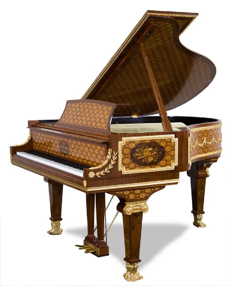 Steinway & Sons marquetry inlaid grand piano: Art case Steinway & Sons baby grand piano, serial #M 235624, with finely chased bronze mounts, marquetry inlaid throughout with a geometic pattern surrounding inlaid medallions with mandolin, flute, s