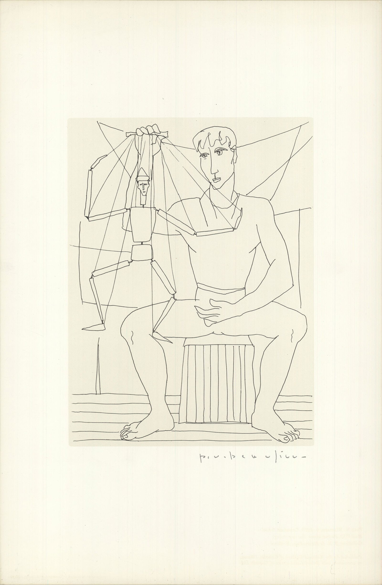 Paul Vanier Beaulieu - Man with Puppet - 1950 Offset Lithograph 16.75" x 11": "Man with Puppet" by Paul Vanier Beaulieu, 1950 Unsigned Offset Lithograph. Paper size is 16.75 x 11 inches, with an image size of 9.25 x 7 inches. The Offset Lithograph is from an edition size of 250