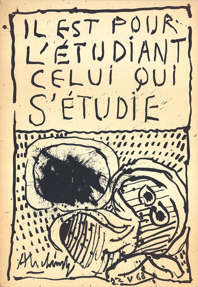 Pierre Alechinsky - He is for the Student the One Who Studies Himself - 1968 Lithograph 22.75" x: "He is for the Student the One Who Studies Himself" by Pierre Alechinsky, 1968 Unsigned Lithograph. Paper size is 22.75 x 15.75 inches, with an image size of 22.75 x 15.75 inches. The Lithograph is fr