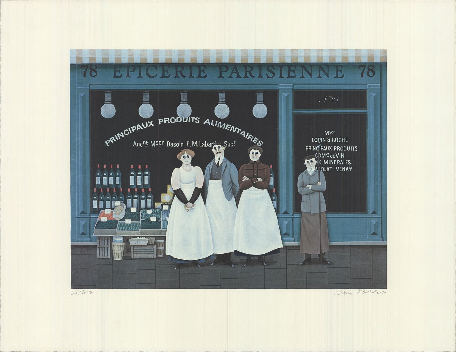 Jan Balet - Epicerie Parisienne - 1985 Lithograph - SIGNED 19.75" x 25.5": "Epicerie Parisienne" by Jan Balet, 1985 Signed Lithograph. Paper size is 19.75 x 25.5 inches, with an image size of 13.5 x 17.75 inches. The Lithograph is from an edition size of 300 and is not frame