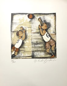 Graciela Rodo Boulanger - Le Cinq et le Six - Volleyball players - 1976 Lithograph - SIGNED 16" x