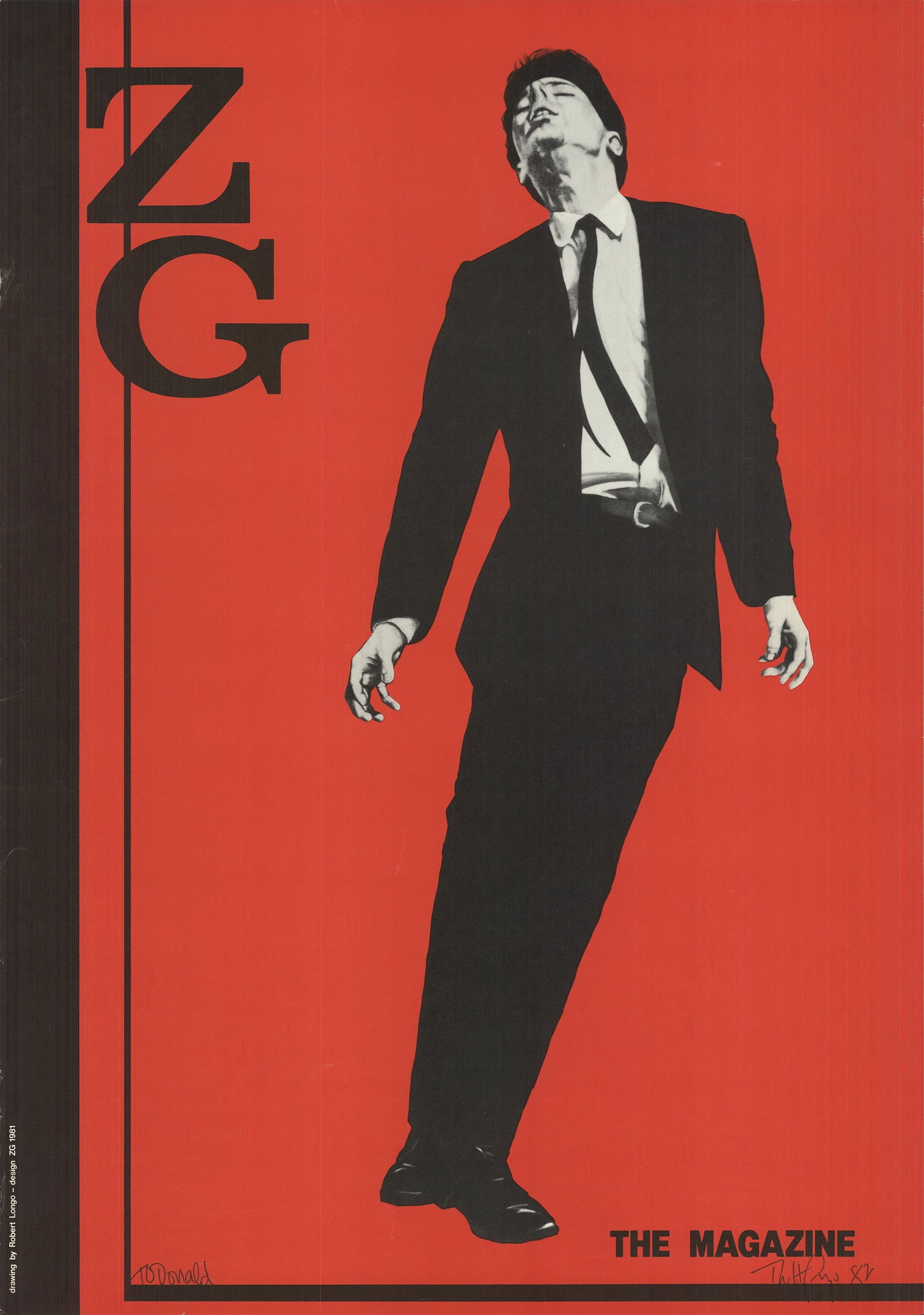 Robert Longo - ZG Magazine, Jack Goldstein - 1981 Offset Lithograph - SIGNED 23.5" x 16.5": "ZG Magazine, Jack Goldstein" by Robert Longo, 1981 Signed Offset Lithograph. Paper size is 23.5 x 16.5 inches, with an image size of 23.5 x 16.5 inches. The Offset Lithograph is from an unknown editi