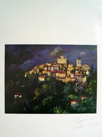 Artist Unknown - Town on Hill - 1972 Offset Lithograph - SIGNED 25.25" x 17.5"