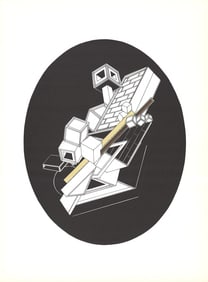 Alain Le Yaouanc - Cubic Forms on Black Oval - 1969 Print - Surrealism, Vintage