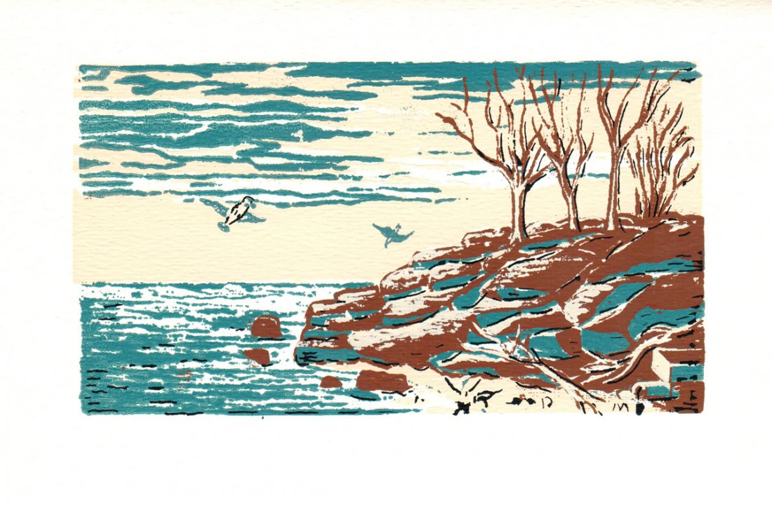 1966 De Boer Bark Point Lithograph: Reference #: ULCB1436 Artist Name: De Boer, Maria Title: Bark Point Medium: Lithograph Edition Size: Unknown Year: 1966 Framed: No Paper Size: 5.5 x 8.25 inches Image Size: 3.75 x 6.5 inches Condition